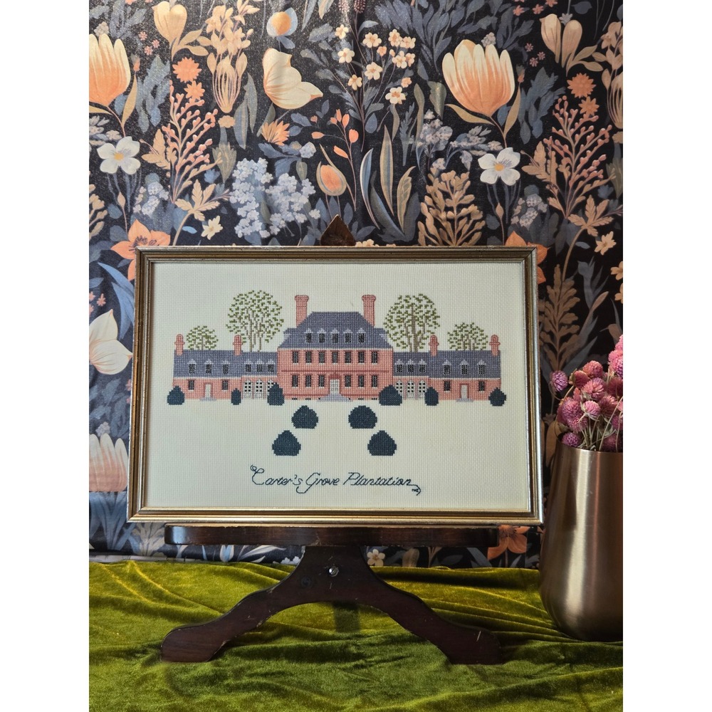 Framed Needlepoint Art Carter's Grove Plantation Historic Home Wall Decor - Picture 2 of 6